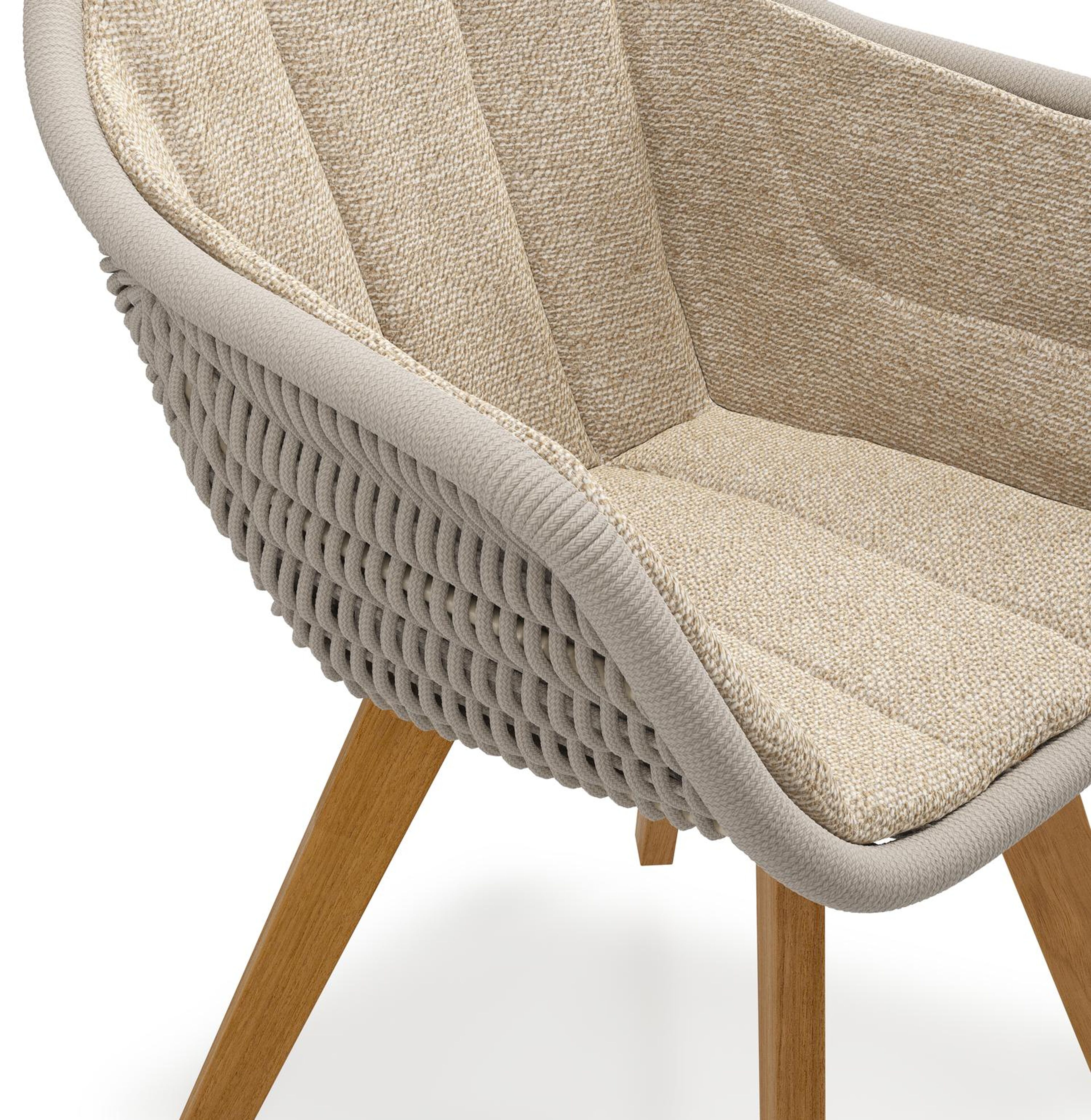Chaise de jardin Pagino en teck et corde ronde tissée verticalement ronde beige avec coussin en madagascar oak all weather cosytica