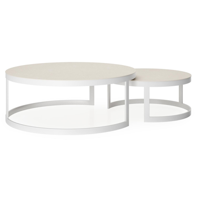 Enna set van 2 loungetafels in wit aluminium en Beige volkeramiek - Dia. 100/70 x H 37/30 cm