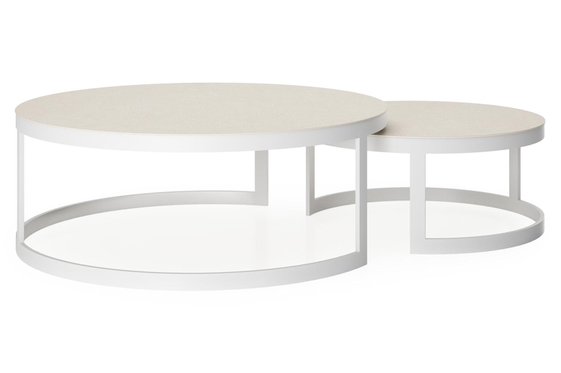 Enna set van 2 loungetafels in wit aluminium en Beige volkeramiek - Dia. 100/70 x H 37/30 cm