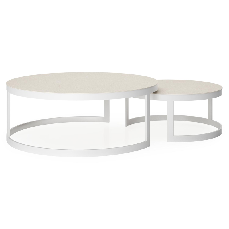 Enna set van 2 loungetafels in wit aluminium en Beige volkeramiek - Dia. 100/70 x H 37/30 cm