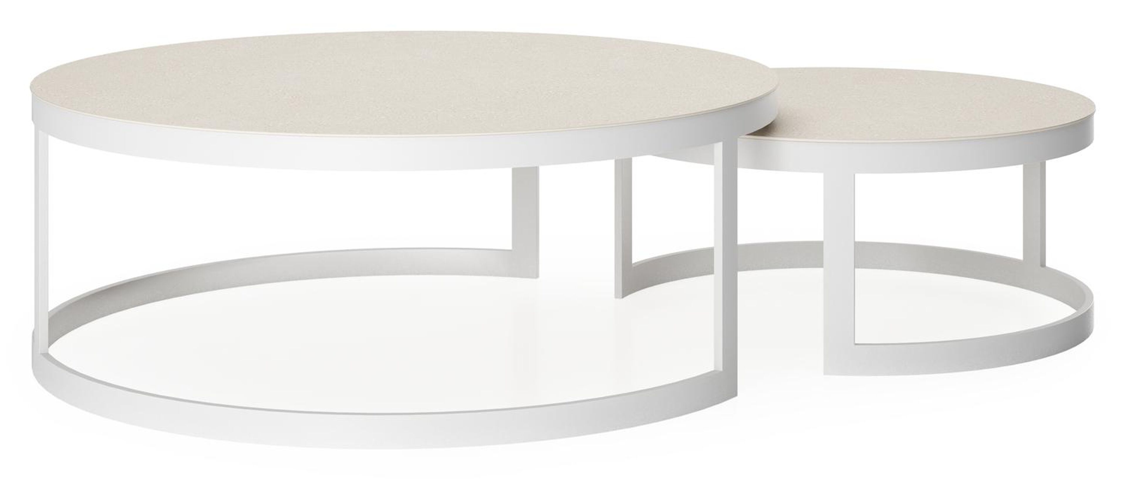 Enna set van 2 loungetafels in wit aluminium en Beige volkeramiek - Dia. 100/70 x H 37/30 cm