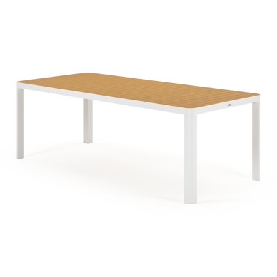 Ellara tuinset in wit aluminium en naturel polywood tafelblad met 6 stapelbare Vigo tuinstoelen