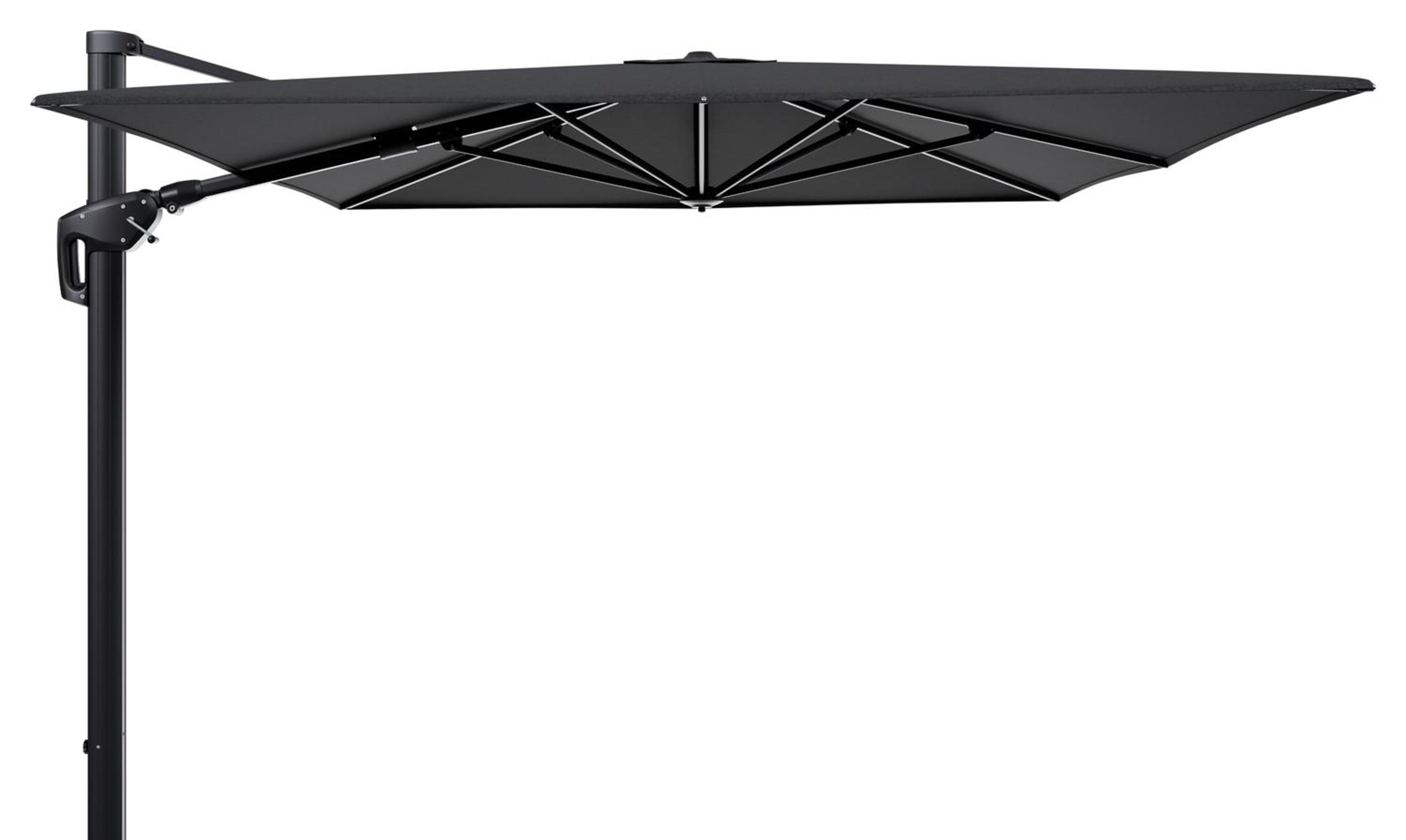 Parasol pendant Minore avec fonction tilt en aluminium noir et toile de parasol en All Weather Sunbrella® Luxe Chartres Sooty  - Lg.1 400 x Lg.2 300 cm (sans pied de parasol)