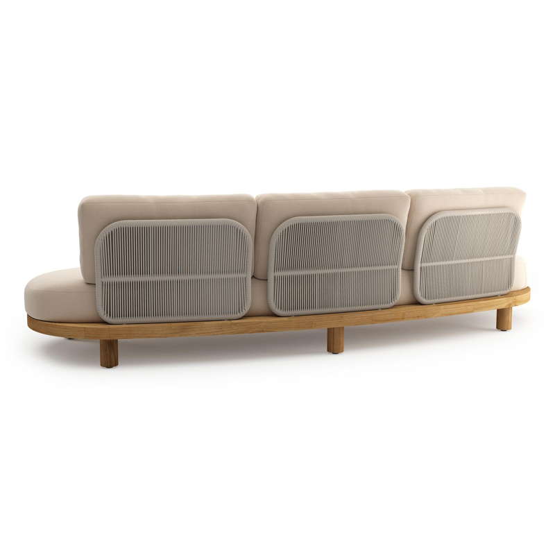 Donato loungebank in teak en beige verticaal geweven ronde rope met all weather sunbrella® luxe Natte Linen Chalk kussen