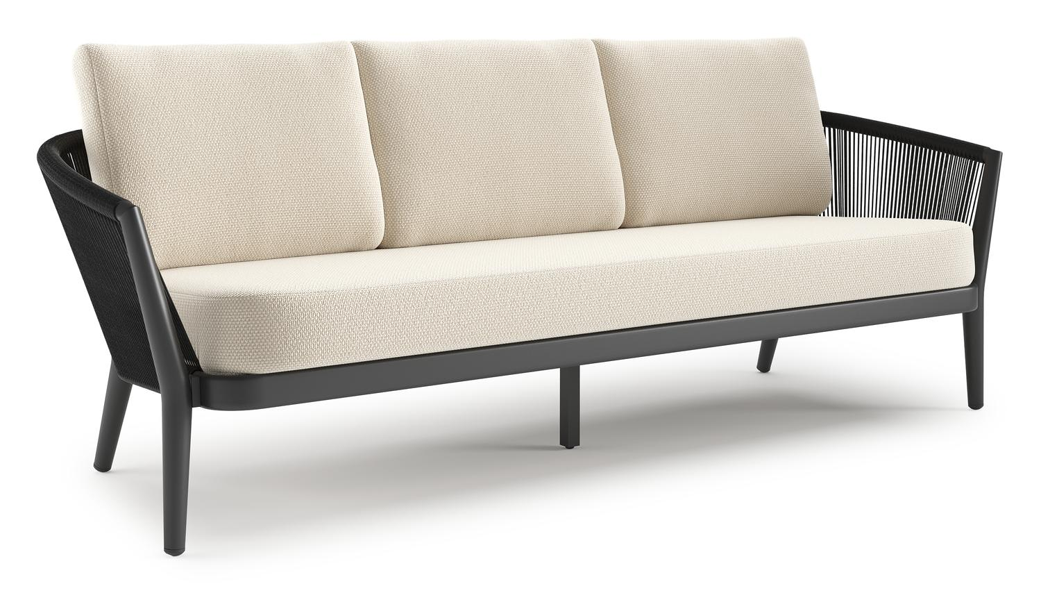 Orso loungebank in zwart aluminium en zwart verticaal geweven ronde rope met Althea Off White all weather cosytica kussen