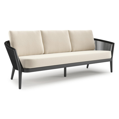 Canapé de jardin Orso en aluminium noir en corde ronde tissée verticalement noir et coussins en all weather cosytica Althea Off White