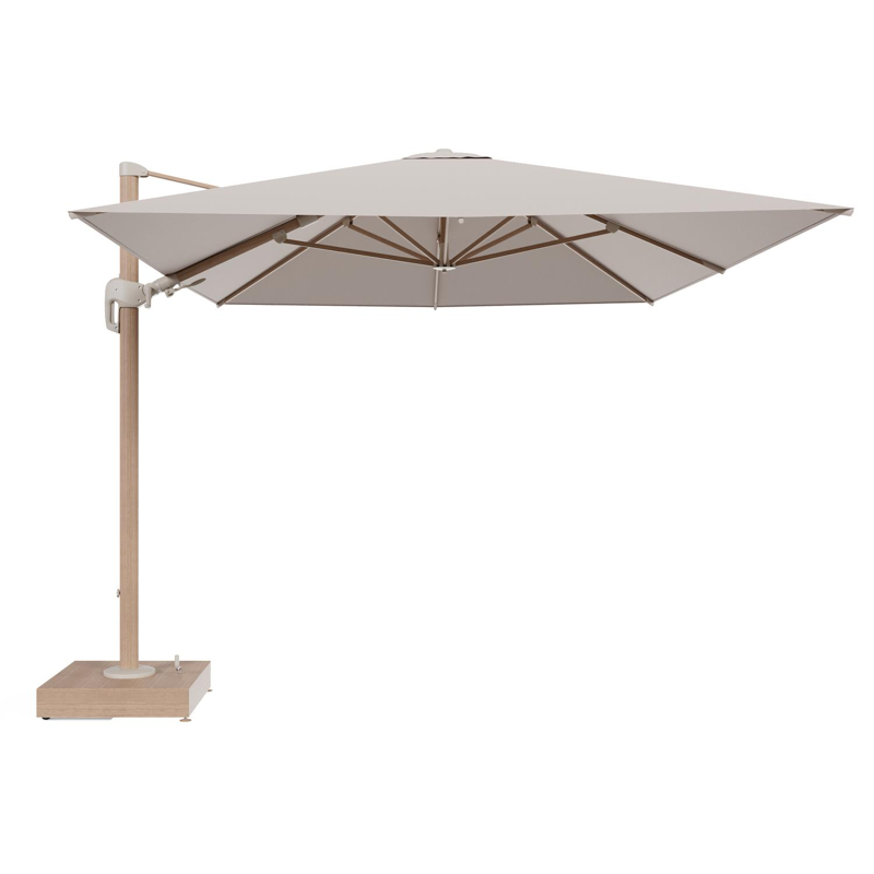 Rufina zweefparasol met tiltfunctie in houtlook aluminium en Wander Pilat All Weather Sunbrella® Luxe parasoldoek - L1 400 x L2 300 cm met parasolvoet Minore 150 kg met wielen