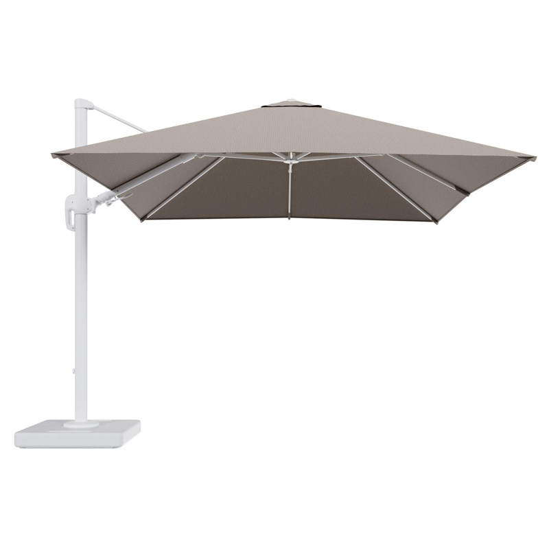 Rufina zweefparasol tiltfunctie in wit aluminium en parasoldoek in All Weather Solica Firenze Earth - L1 300 x L2 300 cm met parasolvoet Lapido 160 kg
