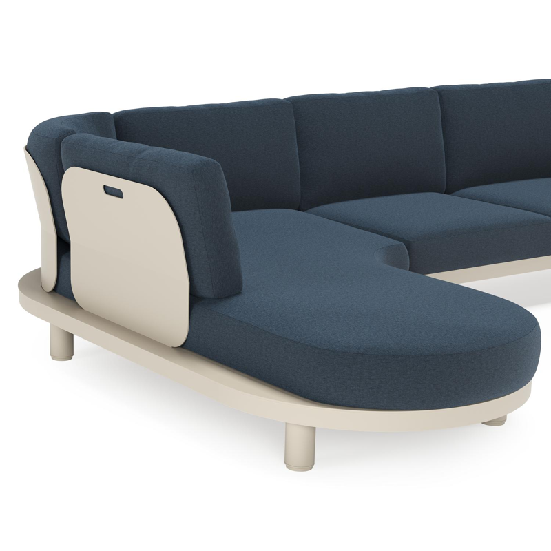 Salon de jardin d'angle Donato en aluminium beige et coussins en All Weather Sunbrella® luxe heritage indigo