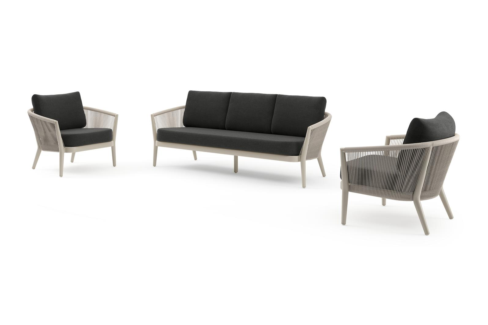 Salon de jardin Orso en aluminium beige en corde ronde tissée verticalement beige et coussins en all weather sunbrella® luxe Chartres Sooty