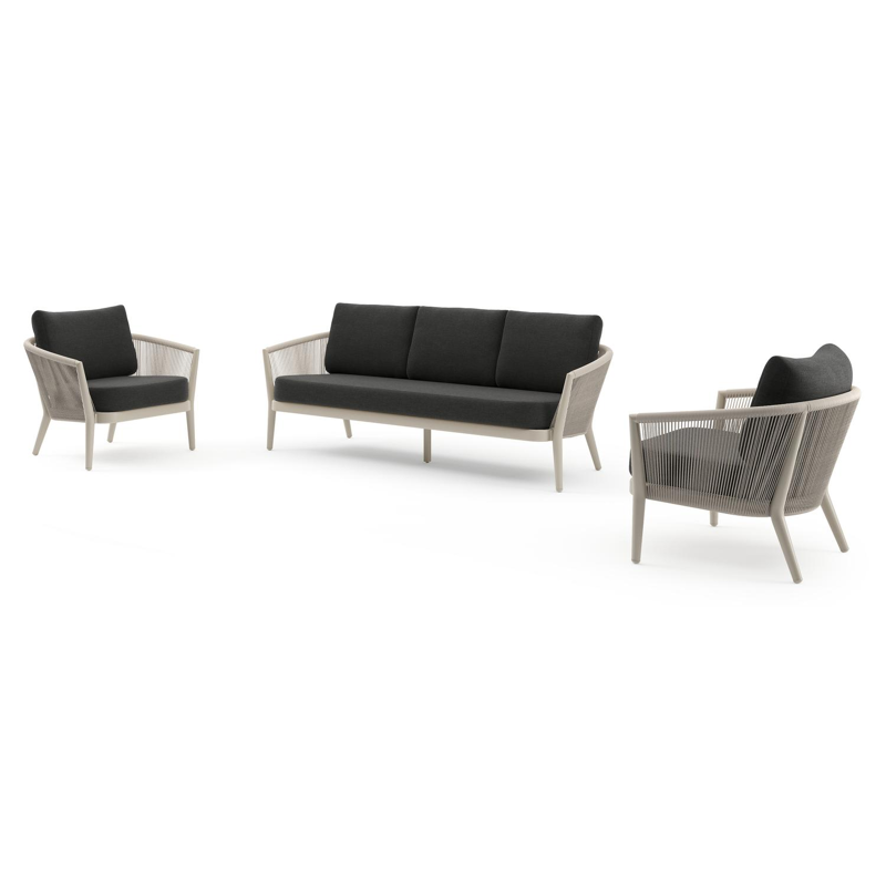 Orso loungeset in beige aluminium en beige verticaal geweven ronde rope met Chartres Sooty all weather sunbrella® luxe kussen