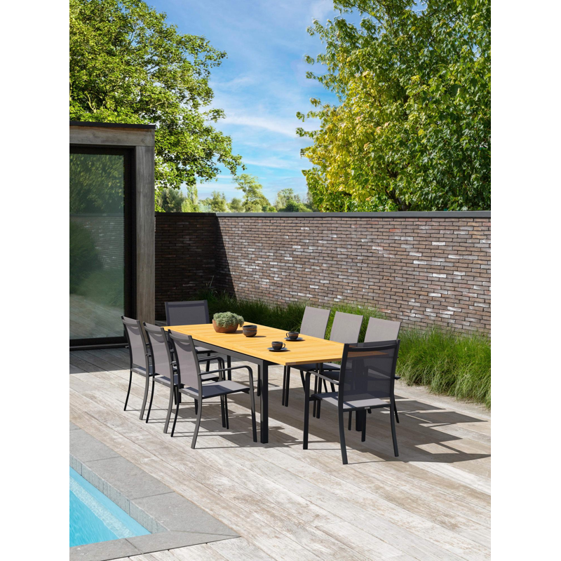 Amalfi tuinset met verlengbare tafel in zwart aluminium en teak tafelblad met 8 stapelbare Calobra tuinstoelen