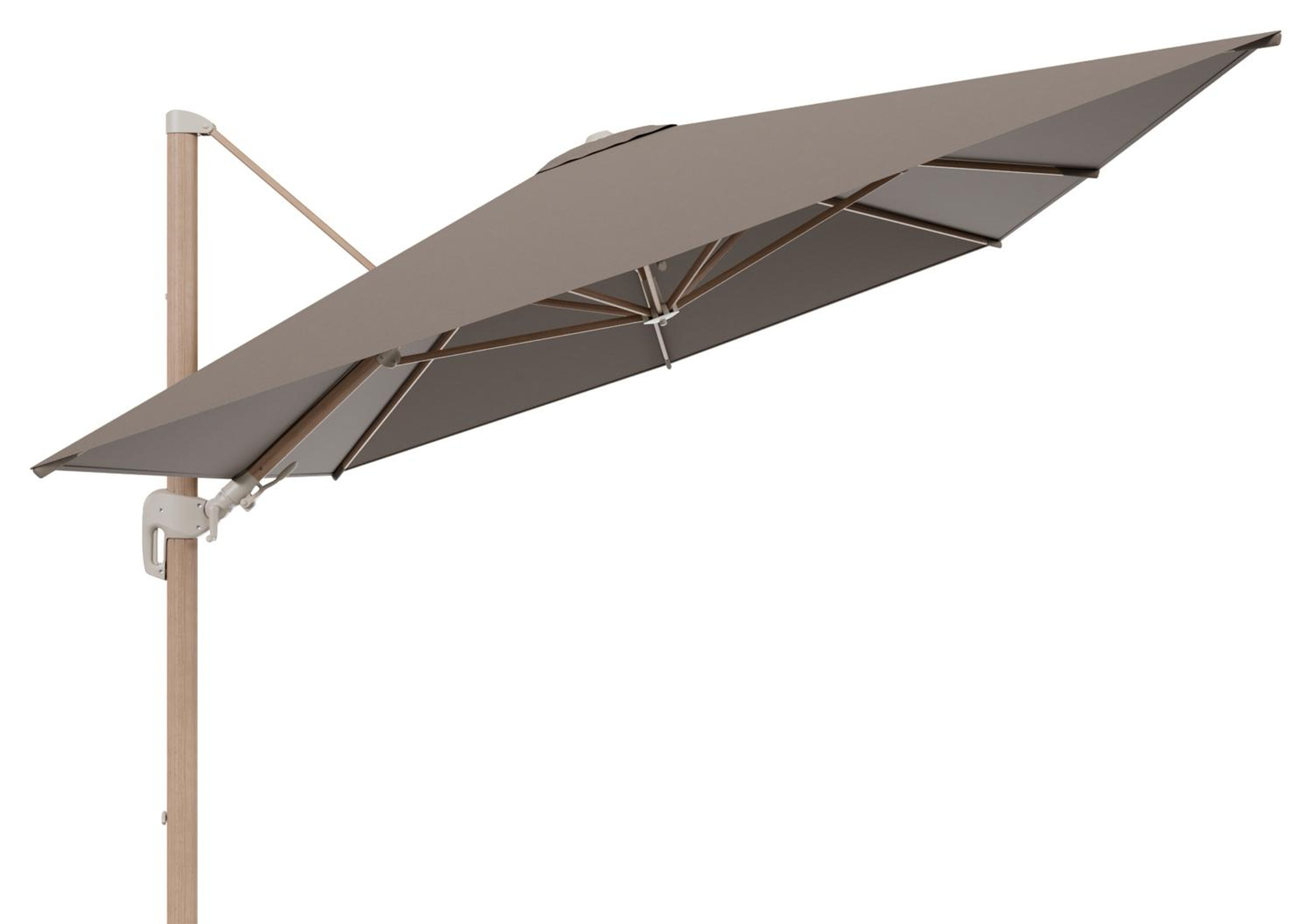 Parasol pendant Rufina avec fonction tilt en aluminium aspect de bois et toile de parasol en All Weather Sunbrella® Luxe Natte Heather Grey  - Lg.1 400 x Lg.2 300 cm (sans pied de parasol