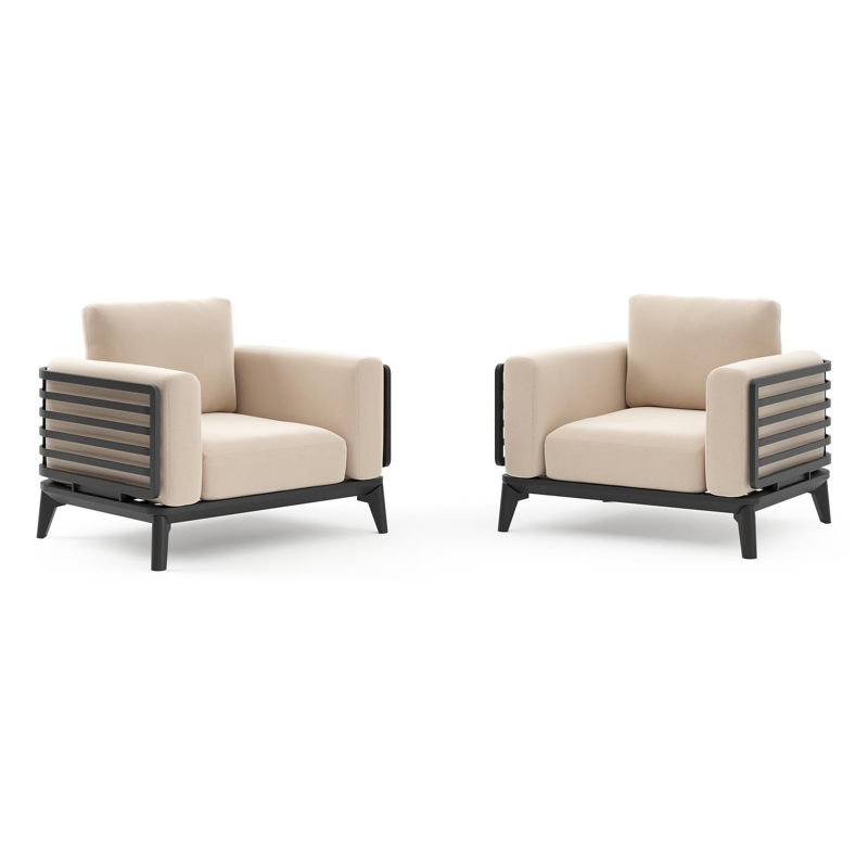 Set van 2 Mosa loungestoelen in zwart aluminium met natte linen chalk all weather sunbrella® premium kussens