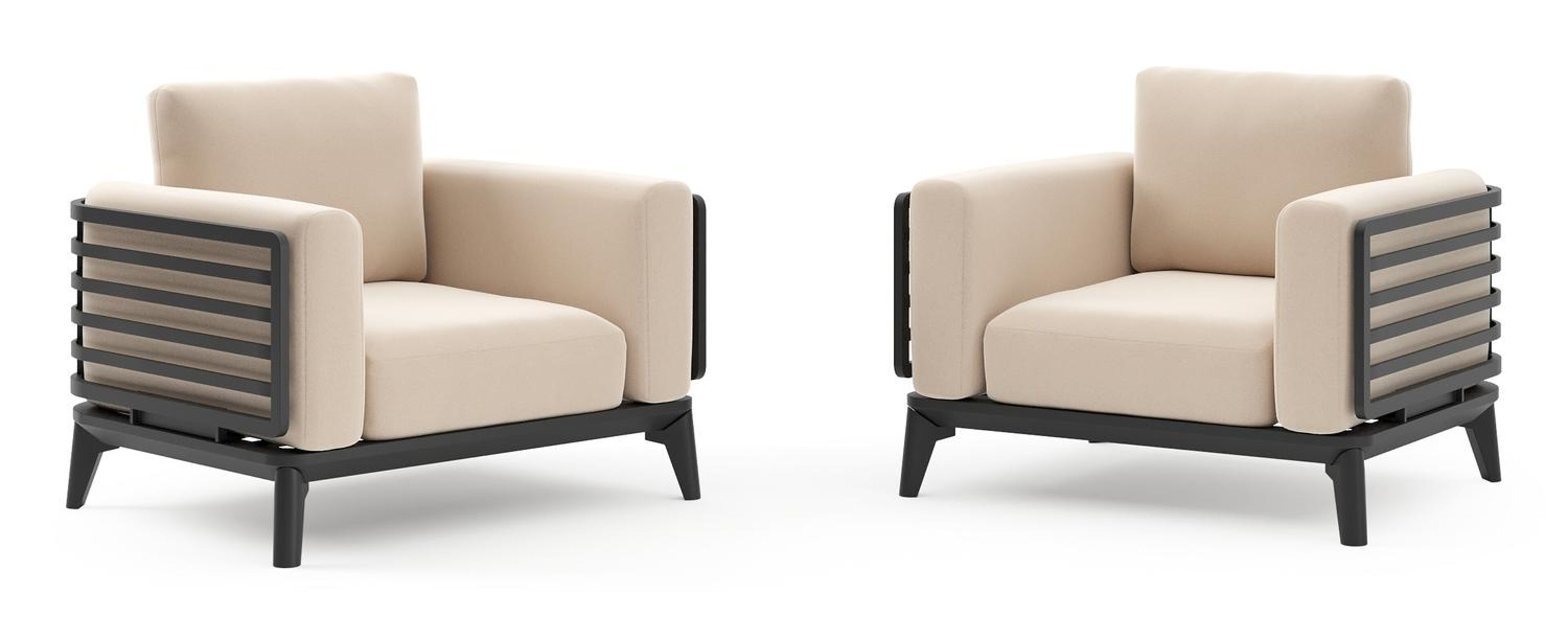Set van 2 Mosa loungestoelen in zwart aluminium met natte linen chalk all weather sunbrella® premium kussens