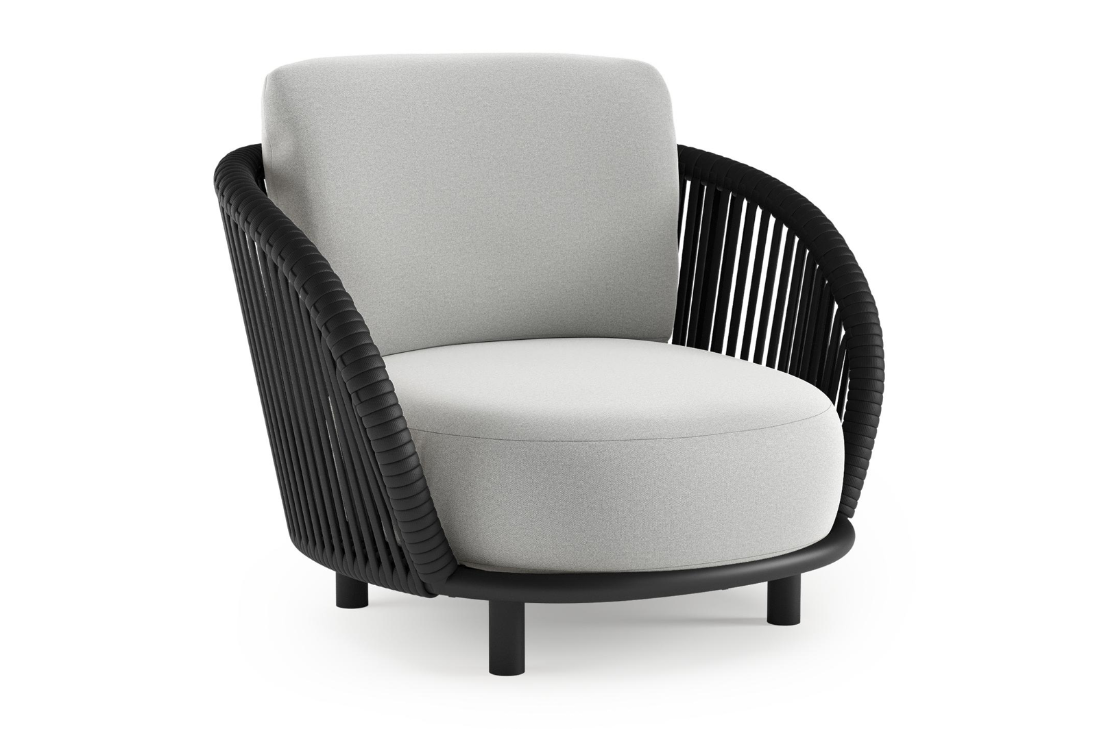 Lupino loungestoel in zwart aluminium en zwart verticaal geweven luxe vlakke brede rope met natte grey chine all weather sunbrella® luxe kussen