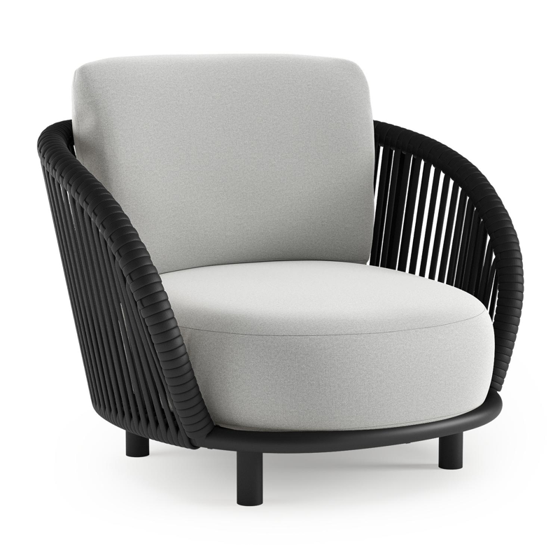 Fauteuil de jardin Lupino en aluminium noir et corde large plate de luxe tissée verticalement noir et coussins en all weather sunbrella® luxe natte grey chine