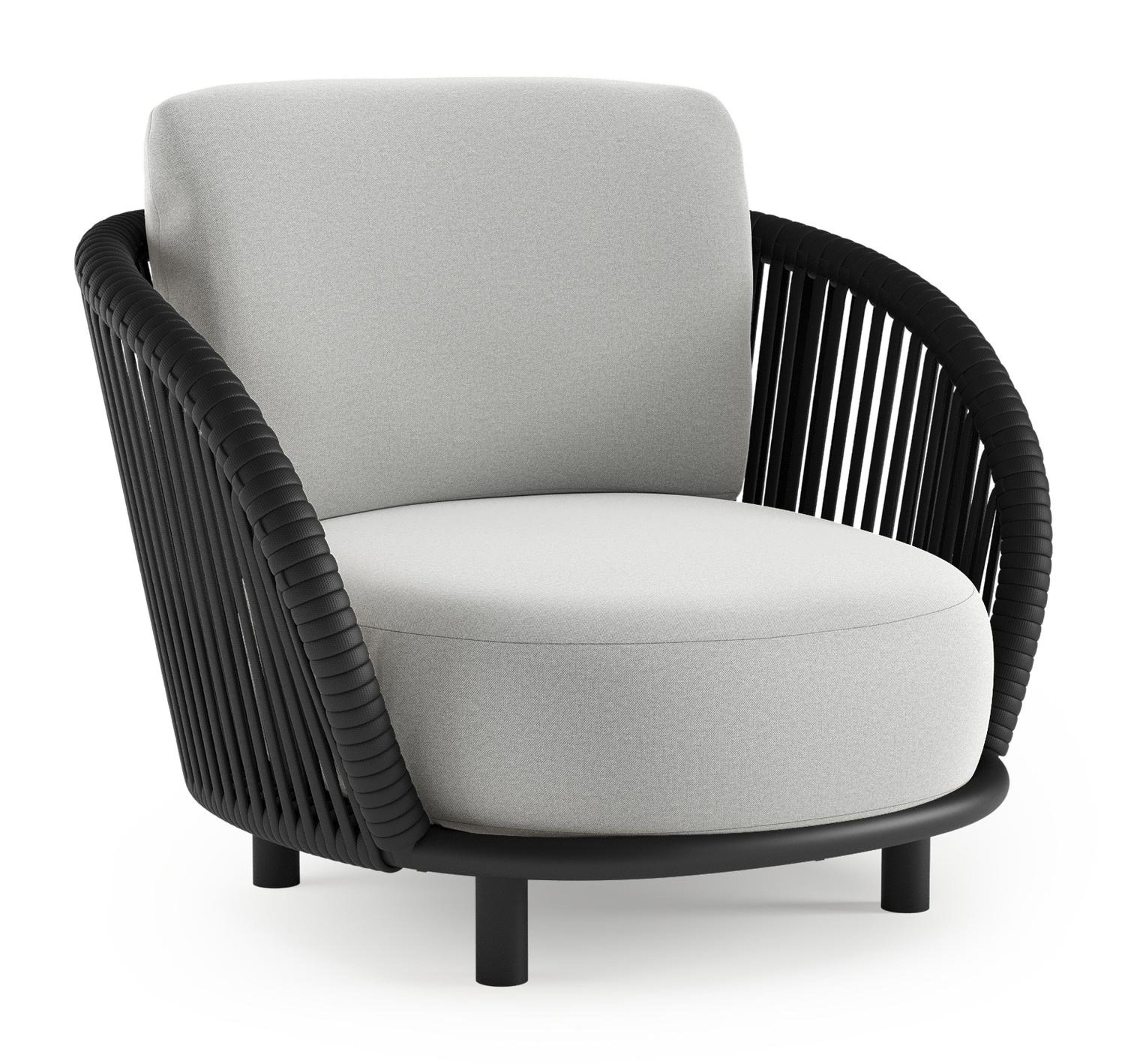 Fauteuil de jardin Lupino en aluminium noir et corde large plate de luxe tissée verticalement noir et coussins en all weather sunbrella® luxe natte grey chine