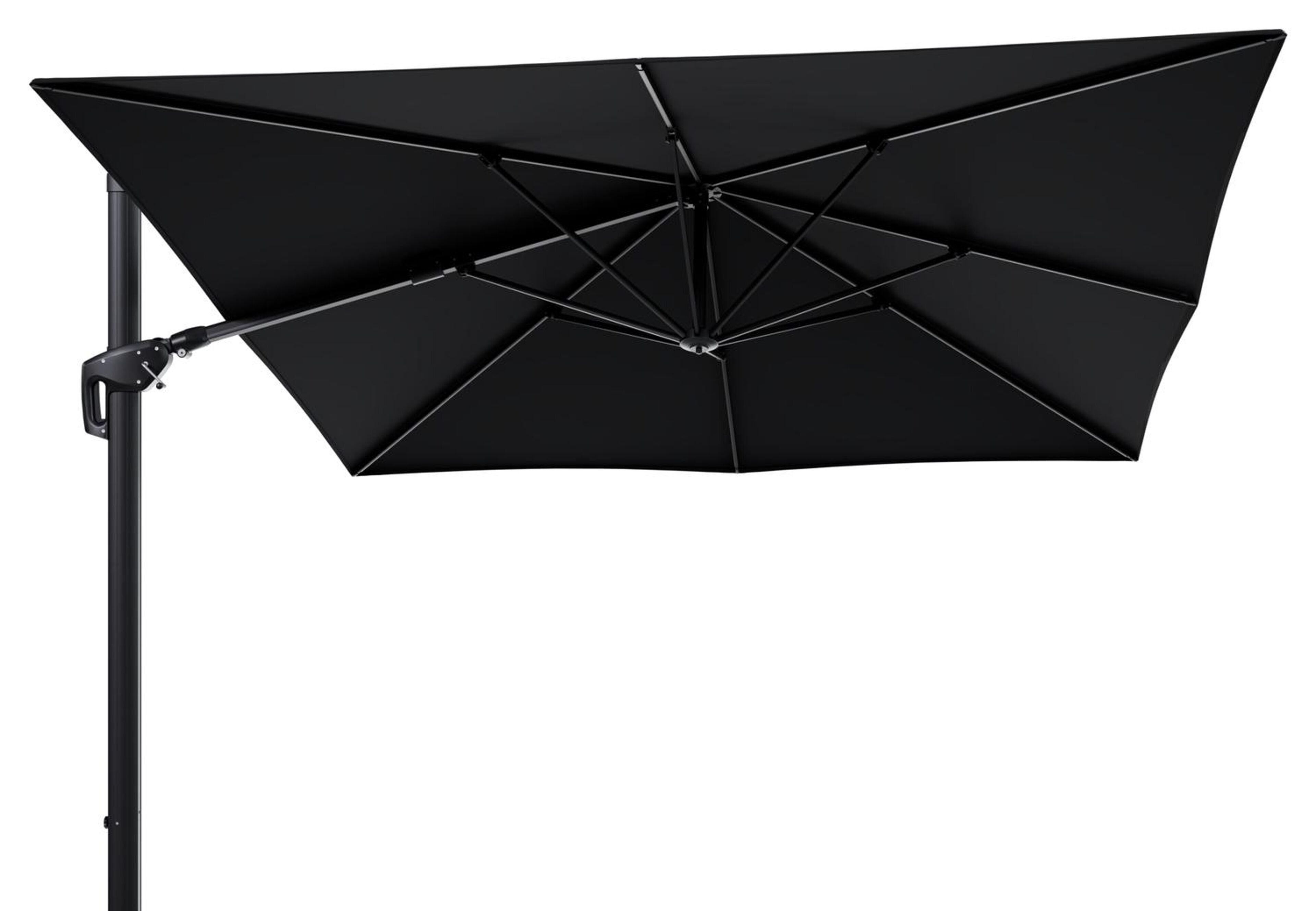 Parasol pendant Minore avec fonction tilt en aluminium noir avec toile de parasol en all weather sunbrella® premium noir - Larg1 350 x Larg2 350 cm (sans pied de parasol)