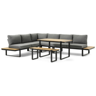 Merida loungehoek in zwart aluminium en polywood met grijs polyester kussen en loungetafel