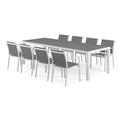 Varese tuinset in wit aluminium en grijs volkeramiek tafelblad met 8 stapelbare Bareto tuinstoelen