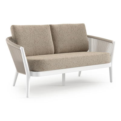 Canapé de jardin Orso en aluminium blanc en corde ronde tissée verticalement beige et coussins en all weather cosytica Bora Jungle