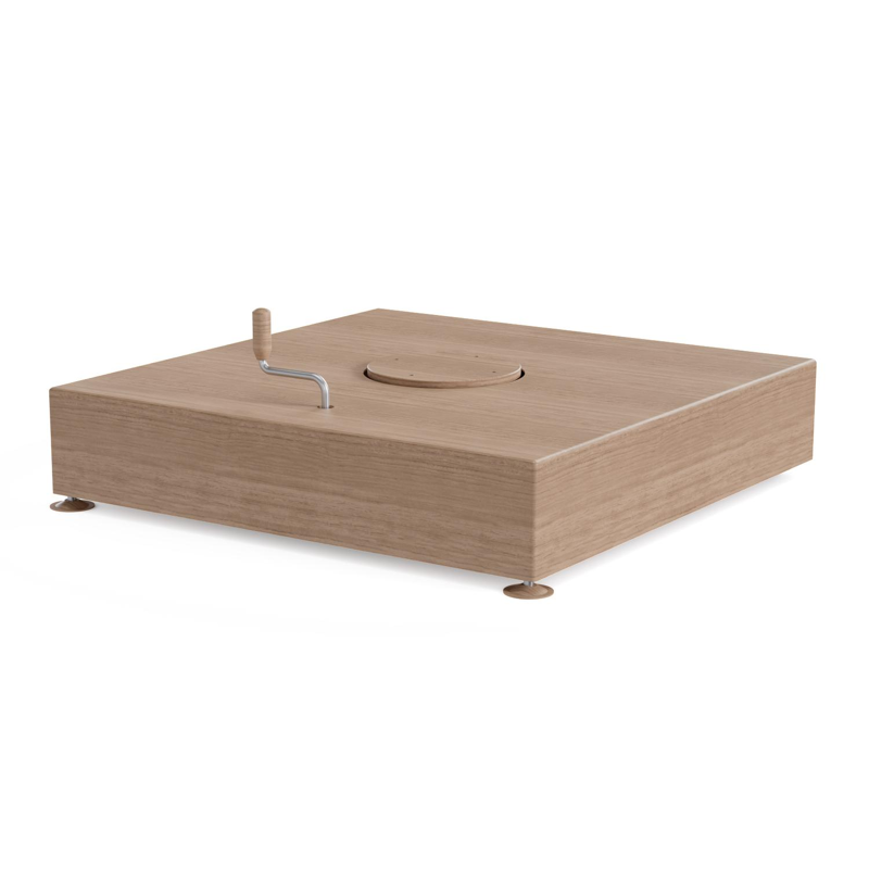 Rufina zweefparasol met tiltfunctie in houtlook aluminium en Natte Linen Chalk All Weather Sunbrella® Luxe parasoldoek - L1 400 x L2 300 cm met parasolvoet Minore 150 kg met wielen