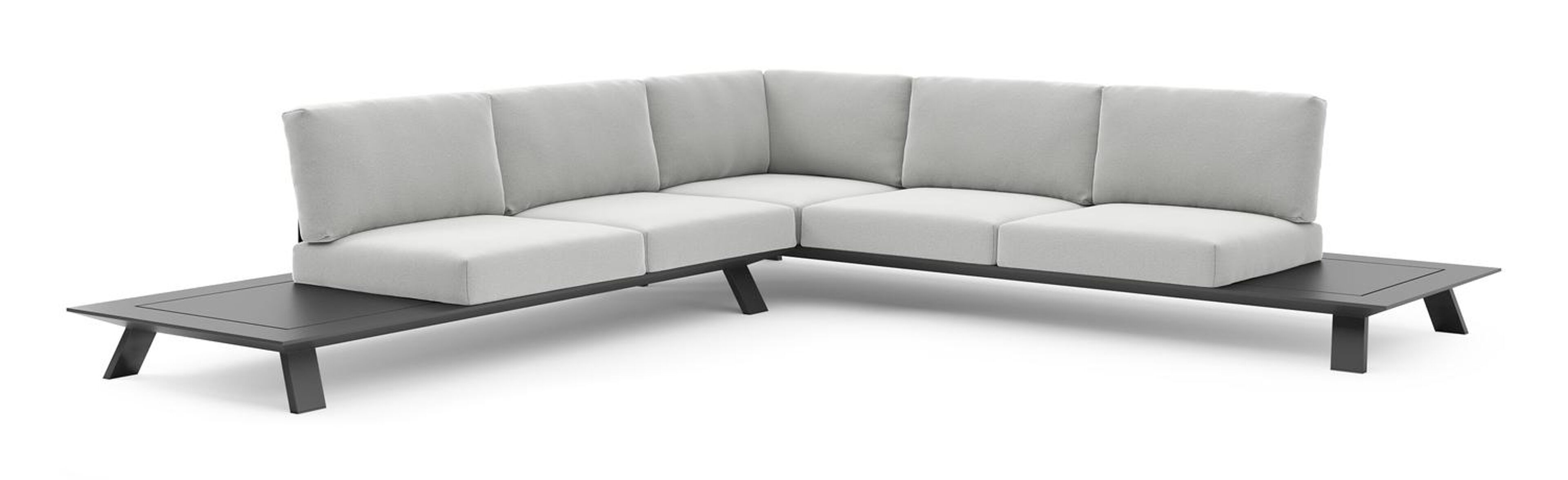 Salon de jardin d'angle Cesano en aluminium noir et coussin en all weather Sunbrella® luxe natte grey chine