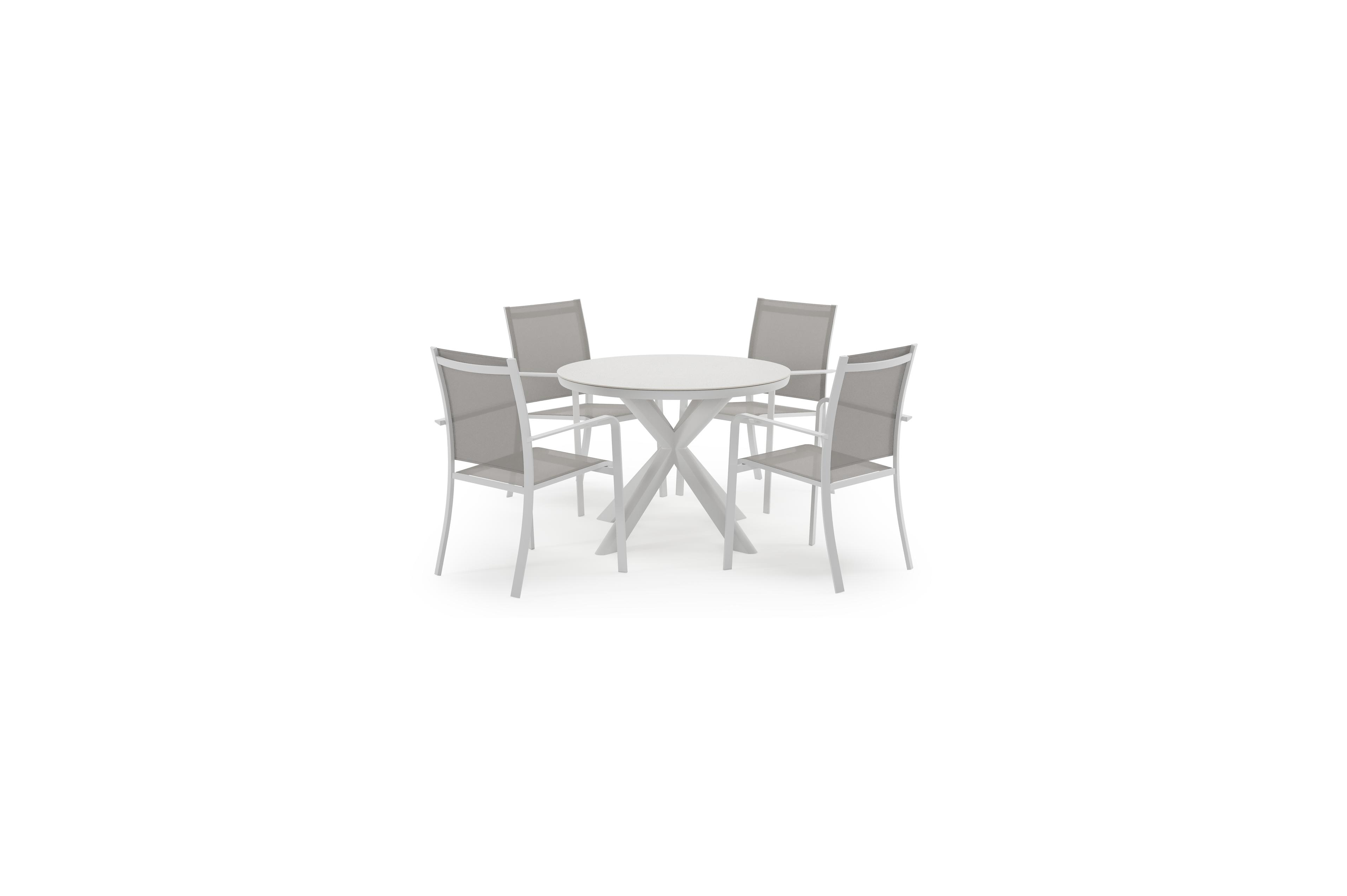 Pamplona ronde tuinset in wit aluminium en sintered stone topo minerale met 4 Calobra tuinstoelen