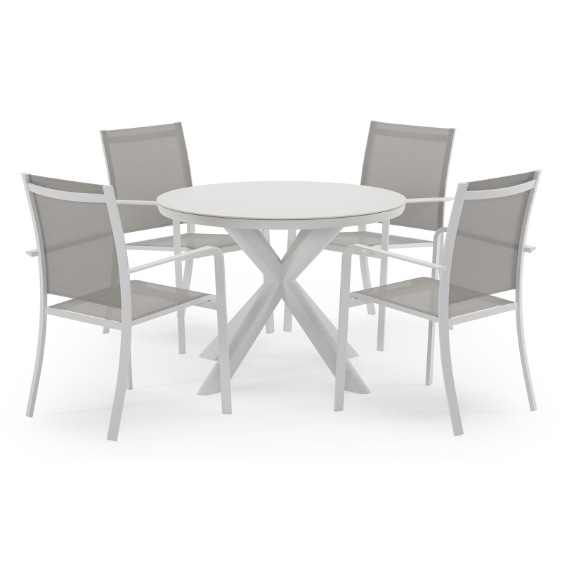 Pamplona ronde tuinset in wit aluminium en sintered stone topo minerale met 4 Calobra tuinstoelen