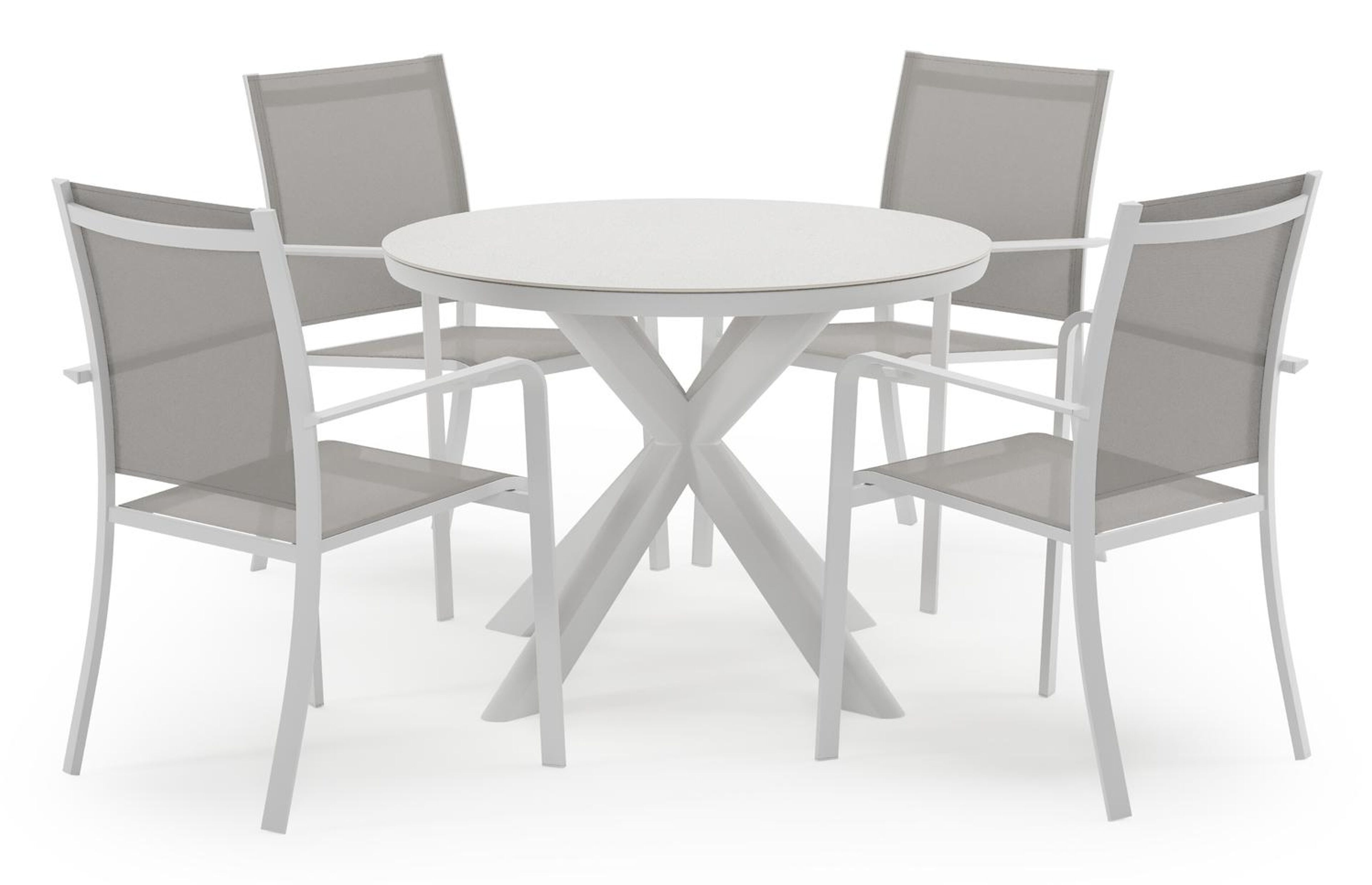 Pamplona ronde tuinset in wit aluminium en sintered stone topo minerale met 4 Calobra tuinstoelen