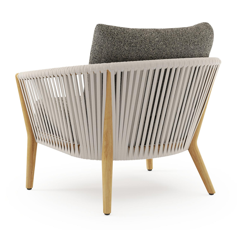 Orso loungestoel in teak en beige verticaal geweven luxe vlakke rope met Marbella Tunder all weather cosytica kussen