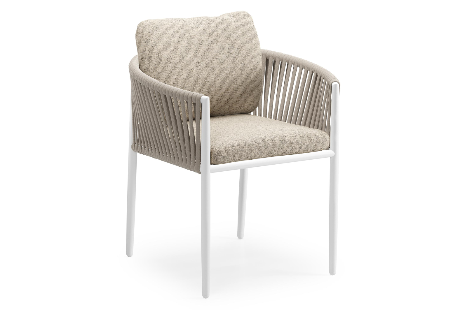Chaise de jardin Organo en aluminium blanc et corde luxe plate tissée verticalement beige avec coussin en All Weather Cosytica Marbella Beige
