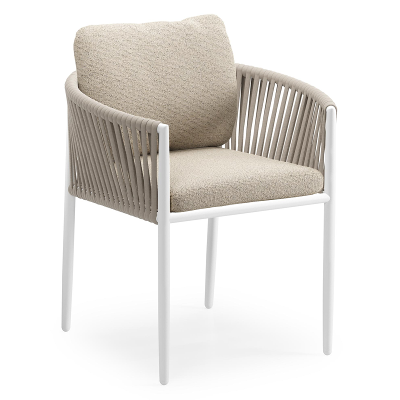 Organo tuinstoel in wit aluminium en beige verticaal geweven luxe vlakke rope met zitkussen in All Weather Cosytica Marbella Beige
