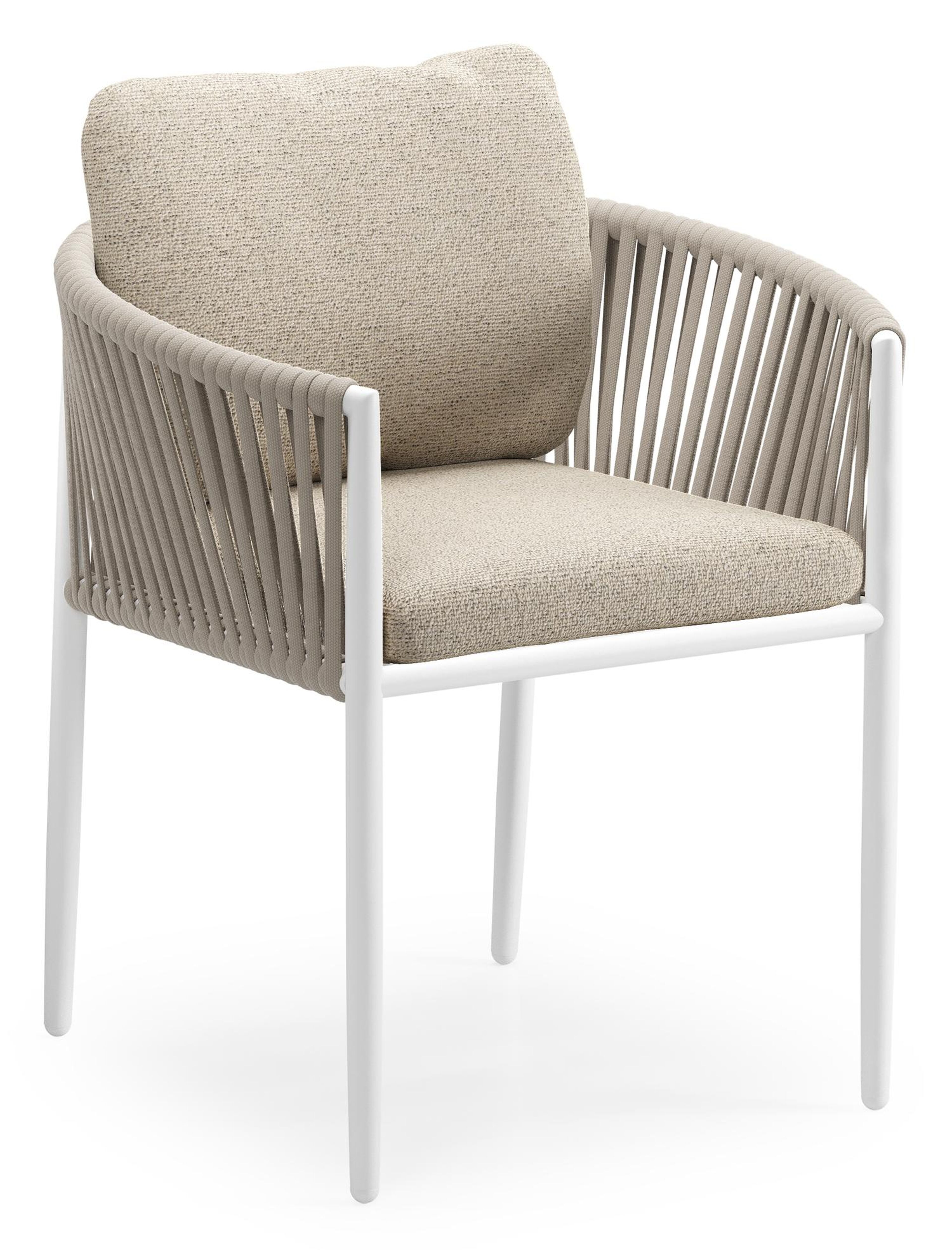 Organo tuinstoel in wit aluminium en beige verticaal geweven luxe vlakke rope met zitkussen in All Weather Cosytica Marbella Beige