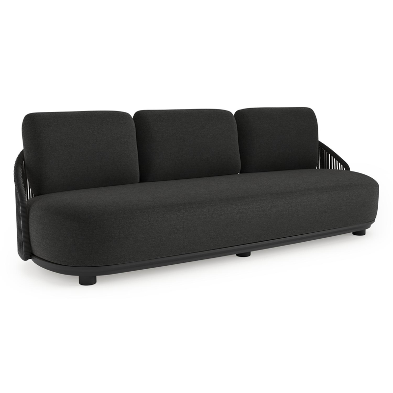 Vadelo loungebank in zwart aluminium en zwart verticaal geweven ronde rope met chartres sooty all weather sunbrella® luxe kussen