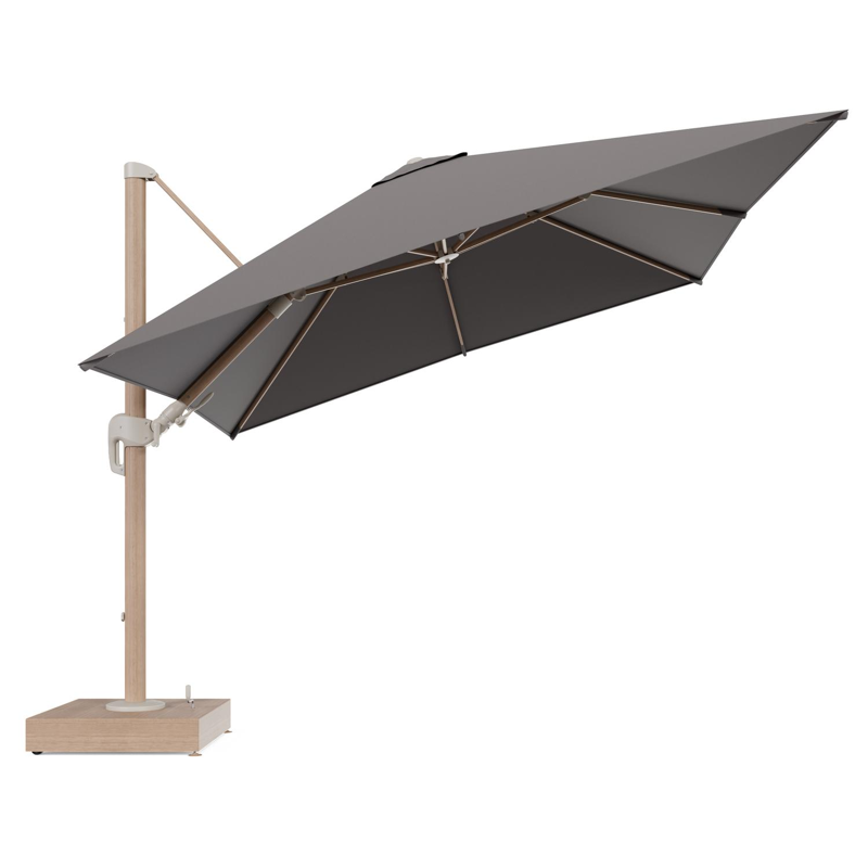 Rufina zweefparasol met tiltfunctie in houtlook aluminium en Natte Nature Grey All Weather Sunbrella® Luxe parasoldoek - L1 300 x L2 300 cm met parasolvoet Minore 150 kg met wielen