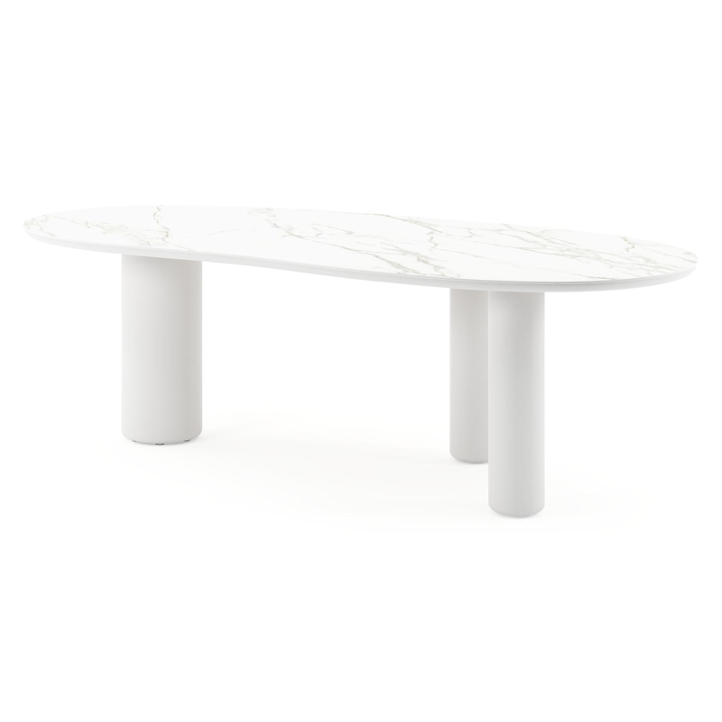 Table de jardin Amico organique en aluminium blanc et céramique pleine Calacatta - Lg. 240 x Lrg. 110 x Haut. 74 cm