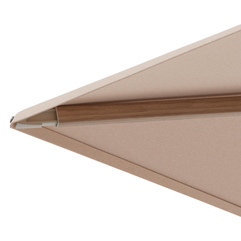 Minore zweefparasol met tiltfunctie in houtlook aluminium en Natte Linen Chalk All Weather Sunbrella® Luxe parasoldoek - L1 400 x L2 300 cm met parasolvoet Minore 260 kg met wielen
