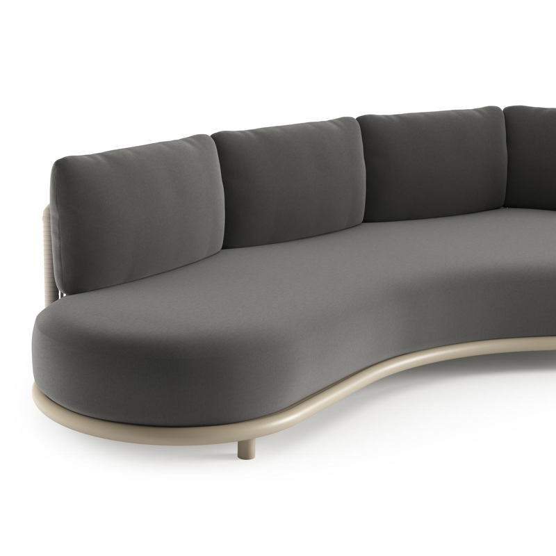 Lomano loungebank in beige aluminium en beige verticaal geweven luxe vlakke rope met natte charcoal chine all weather sunbrella® luxe kussen