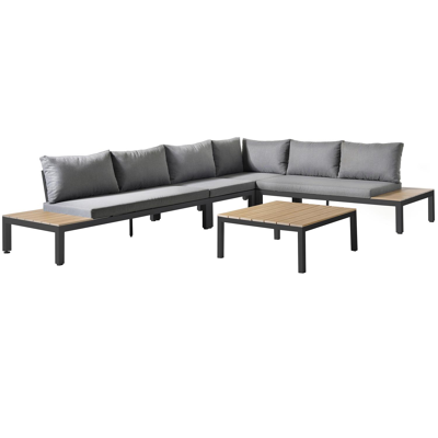 Salon de jardin d'angle Toma en aluminium noir et polywood avec coussin en gris polyester et table basse