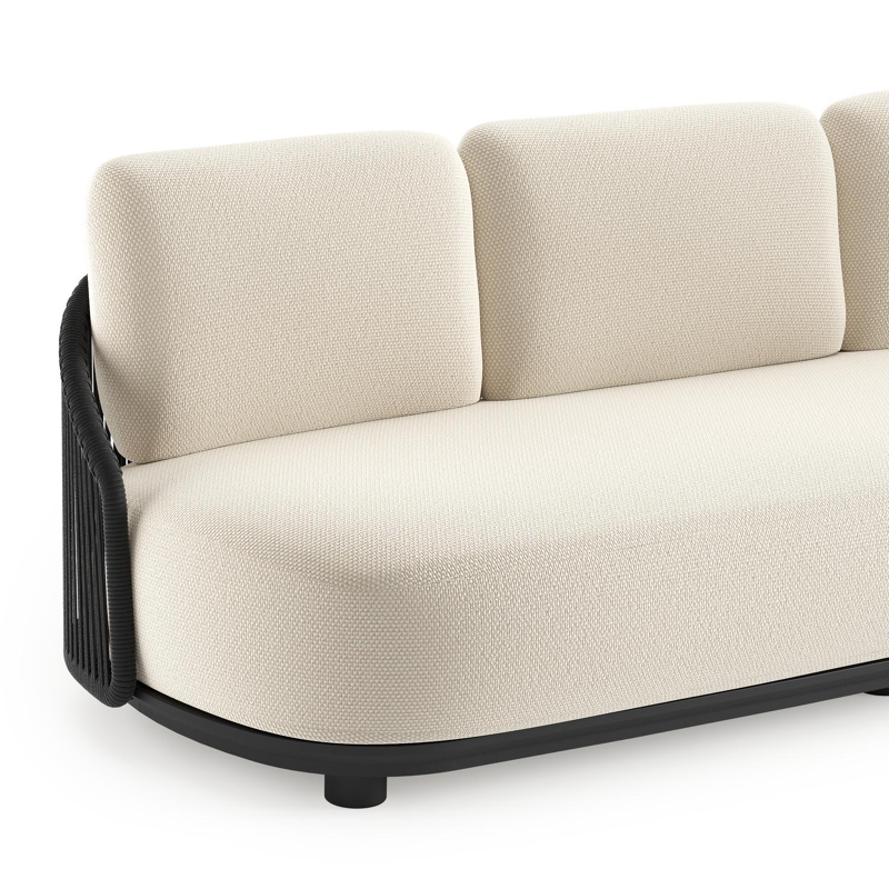 Canapé de jardin Vadelo en aluminium noir et corde ronde tissée verticalement noir et coussins en all weather cosytica althea off white