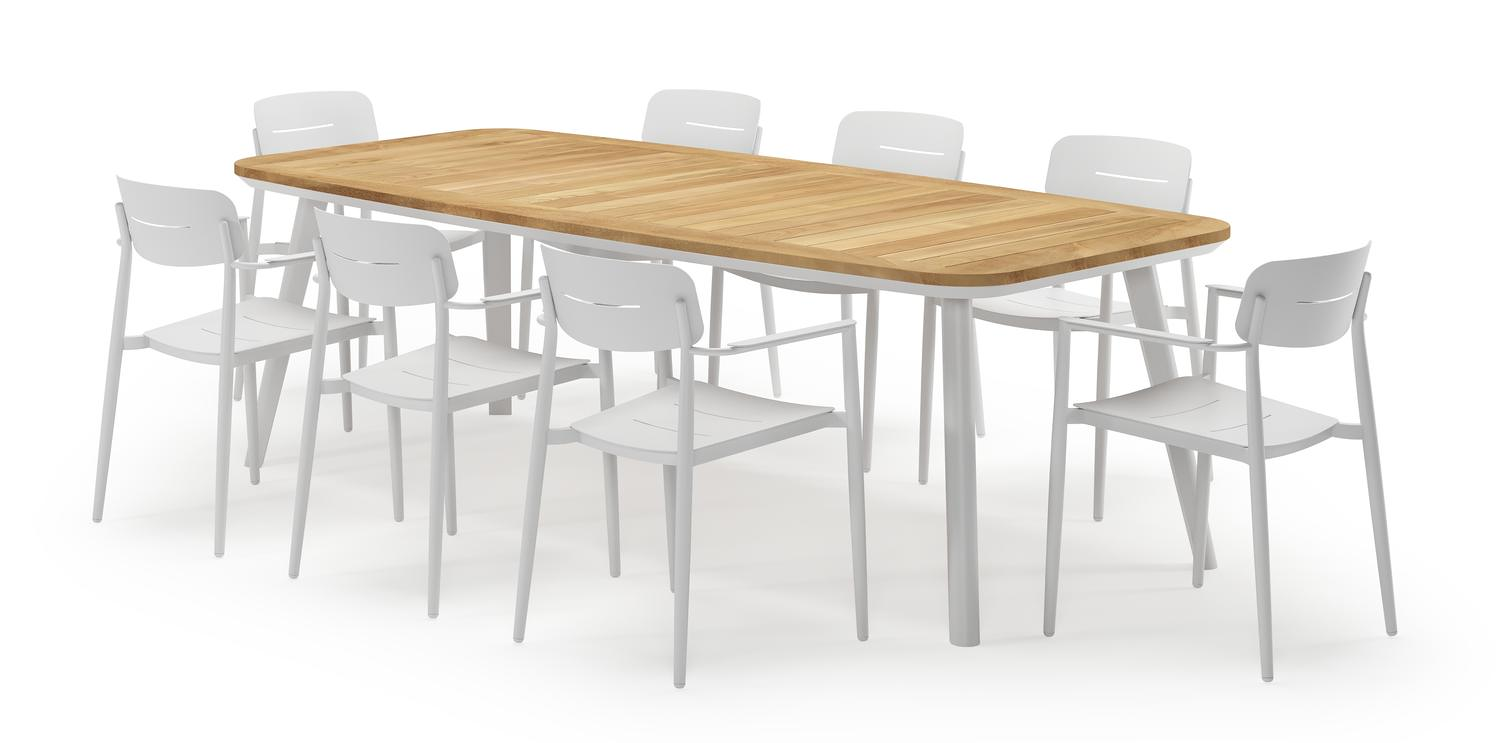 Mosa bootvormige tuinset in wit aluminium en teak natural finish met 8 Cosa tuinstoelen