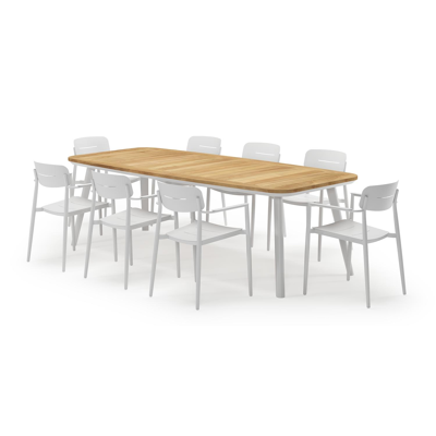 Mosa bootvormige tuinset in wit aluminium en teak natural finish met 8 Cosa tuinstoelen
