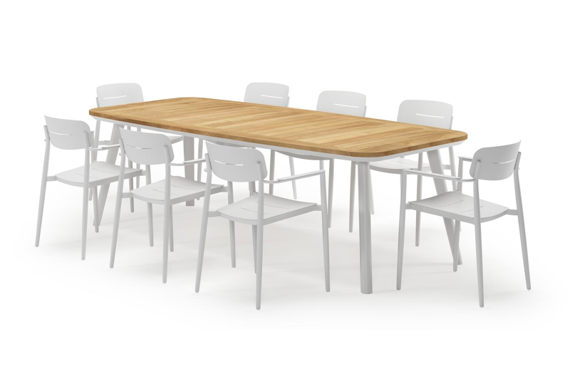 Mosa bootvormige tuinset in wit aluminium en teak natural finish met 8 Cosa tuinstoelen