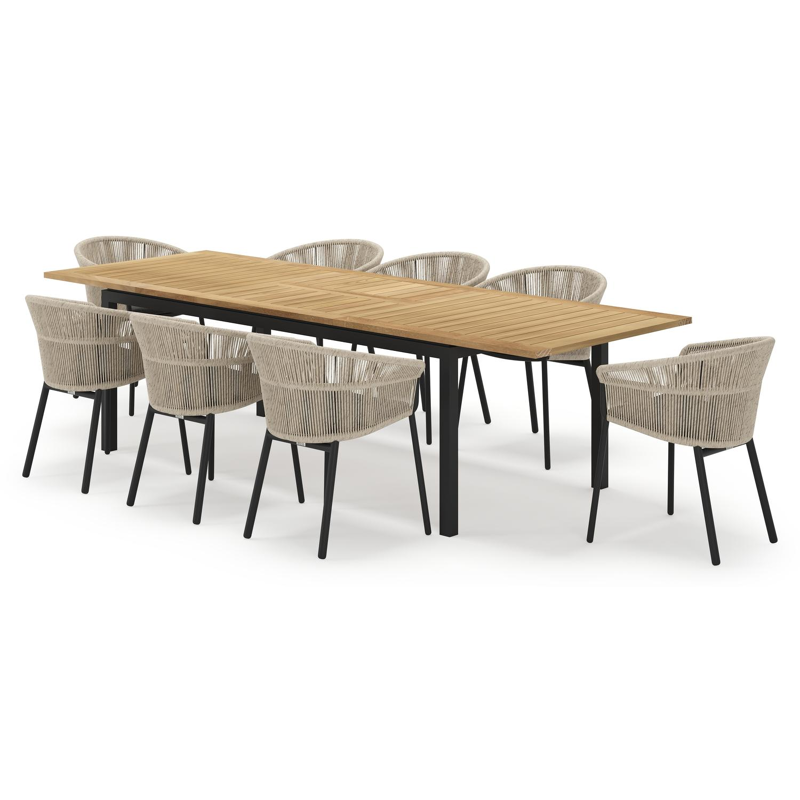 Amalfi rechthoekige uitschuifbare tuinset in zwart aluminium en teak naturel met 8 Matera tuinstoelen