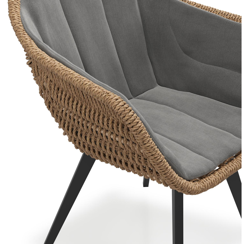 Pagino tuinstoel in zwart aluminium en bruin ronde wicker met kussen in natte charcoal chine all weather sunbrella® luxe