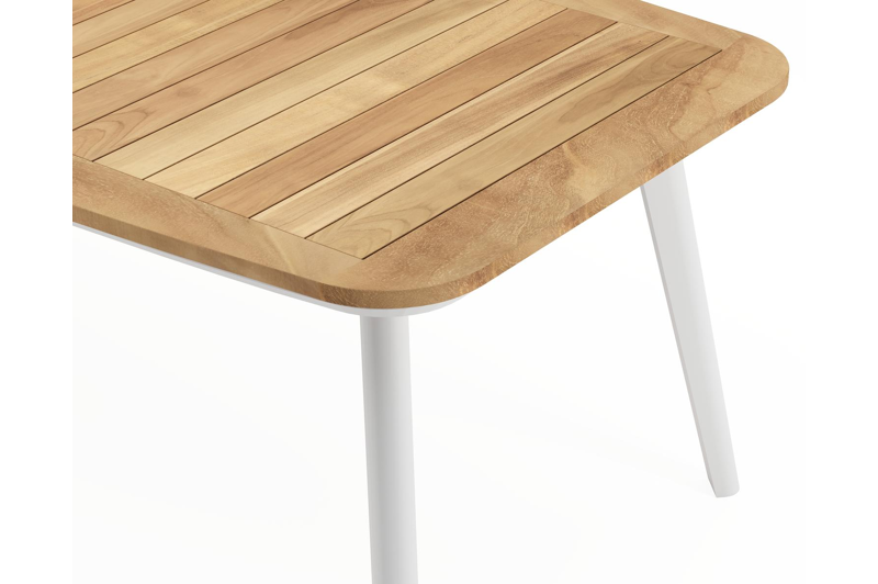 Mosa bootvormige tuinset in wit aluminium en teak natural finish met 6 Matera tuinstoelen