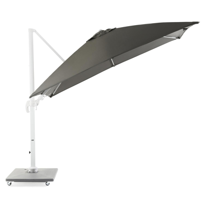 Avola zweefparasol met tiltfunctie in wit aluminium met grijs sunbrella® premium parasoldoek - L1 300 x L2 300 cm (met voet)
