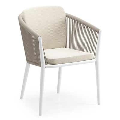 Orso tuinstoel in wit aluminium en beige verticaal geweven ronde rope met zitkussen in All Weather Cosytica Althea Off White